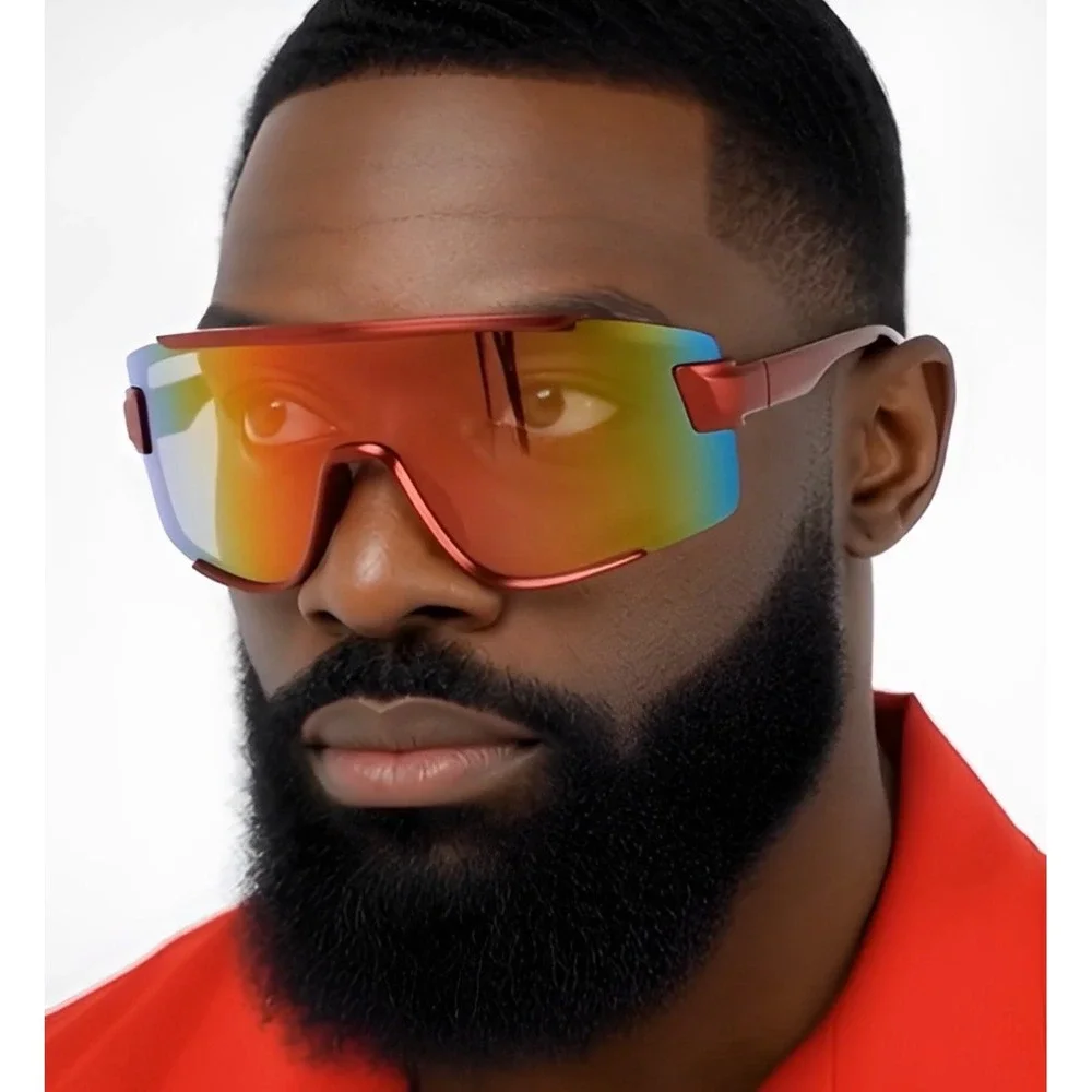 Red Oversized Shield Sunglasses‎ Futuristic Mirrored Lens Sporty Visor Eyewear